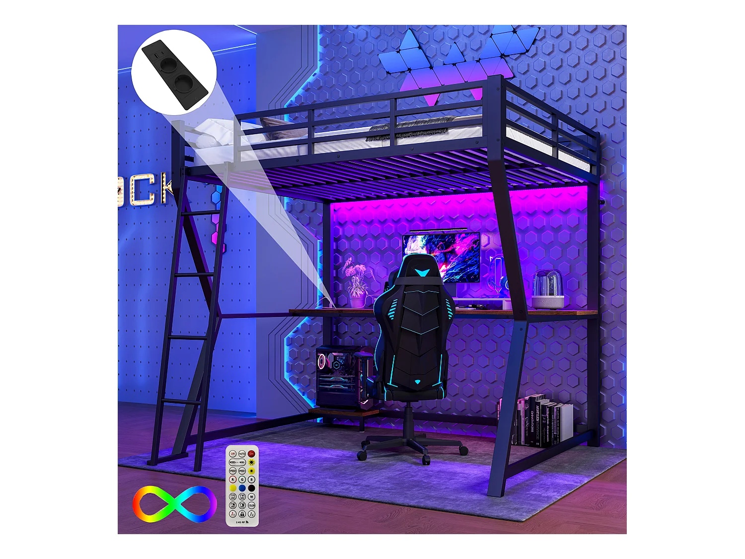 Lit mezzanine 140x200 cm, noir, lit adulte avec éclairage LED et USB, bureau - sans matelas