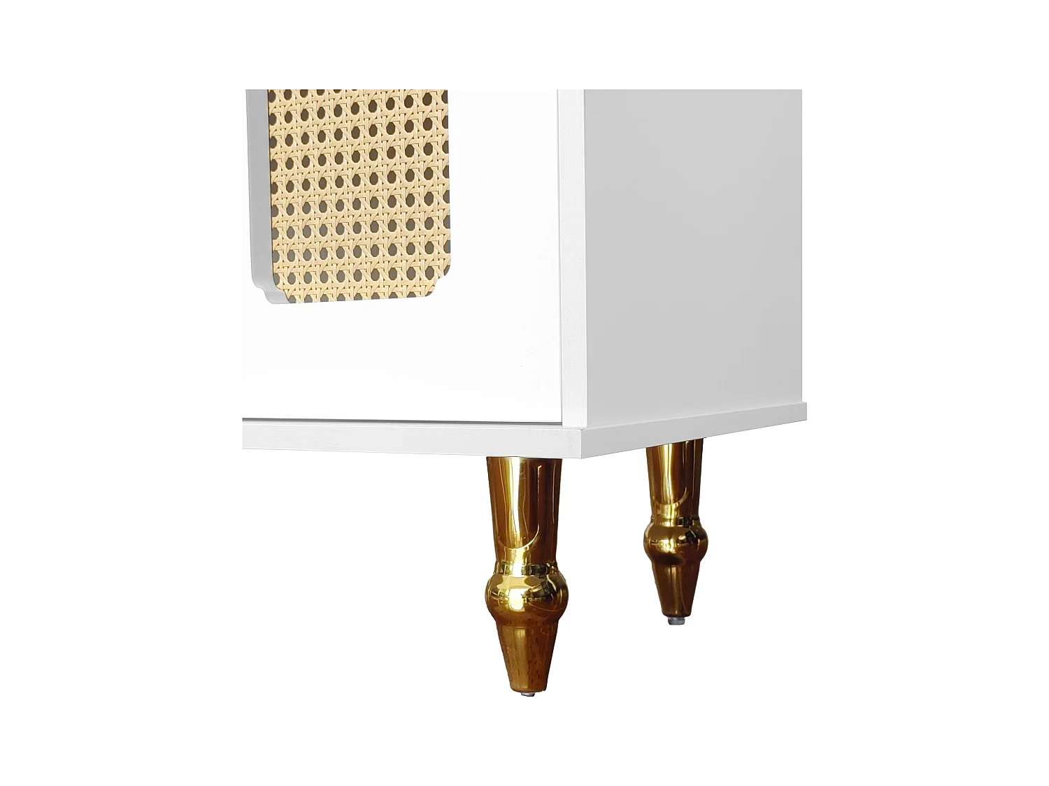 Meuble TV blanc avec 4 portes en rotin et 2 tiroirs,  pieds en métal doré - pour salon et bureau