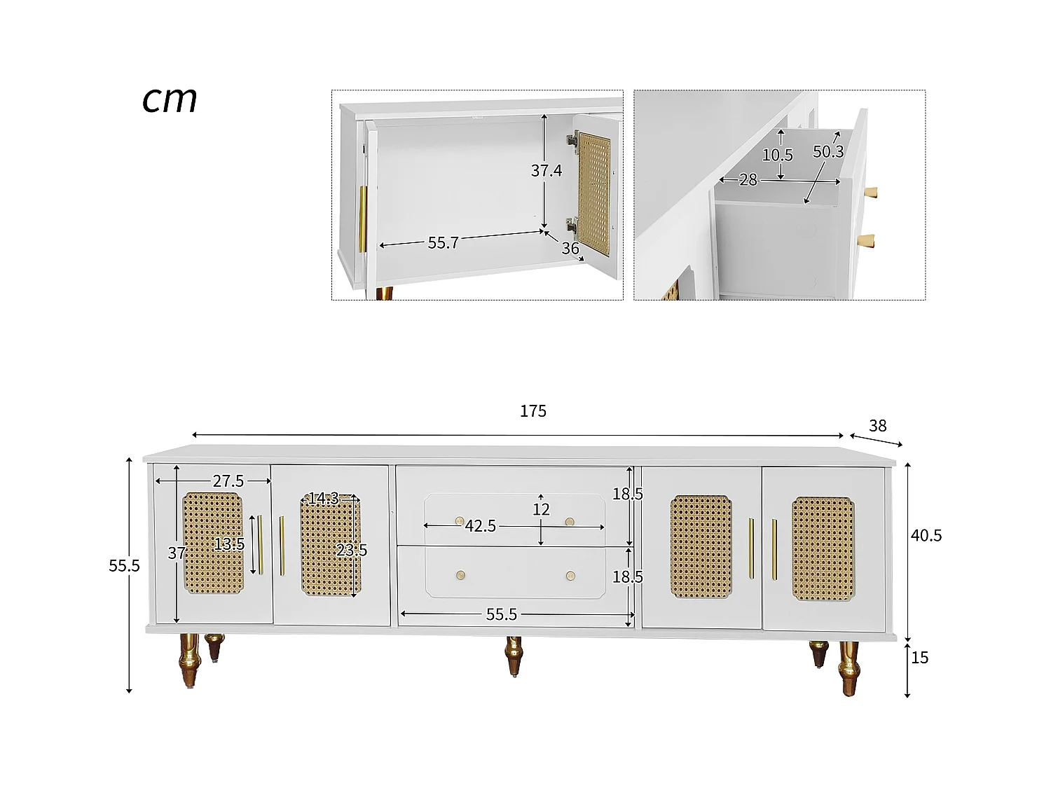 Meuble TV blanc avec 4 portes en rotin et 2 tiroirs,  pieds en métal doré - pour salon et bureau