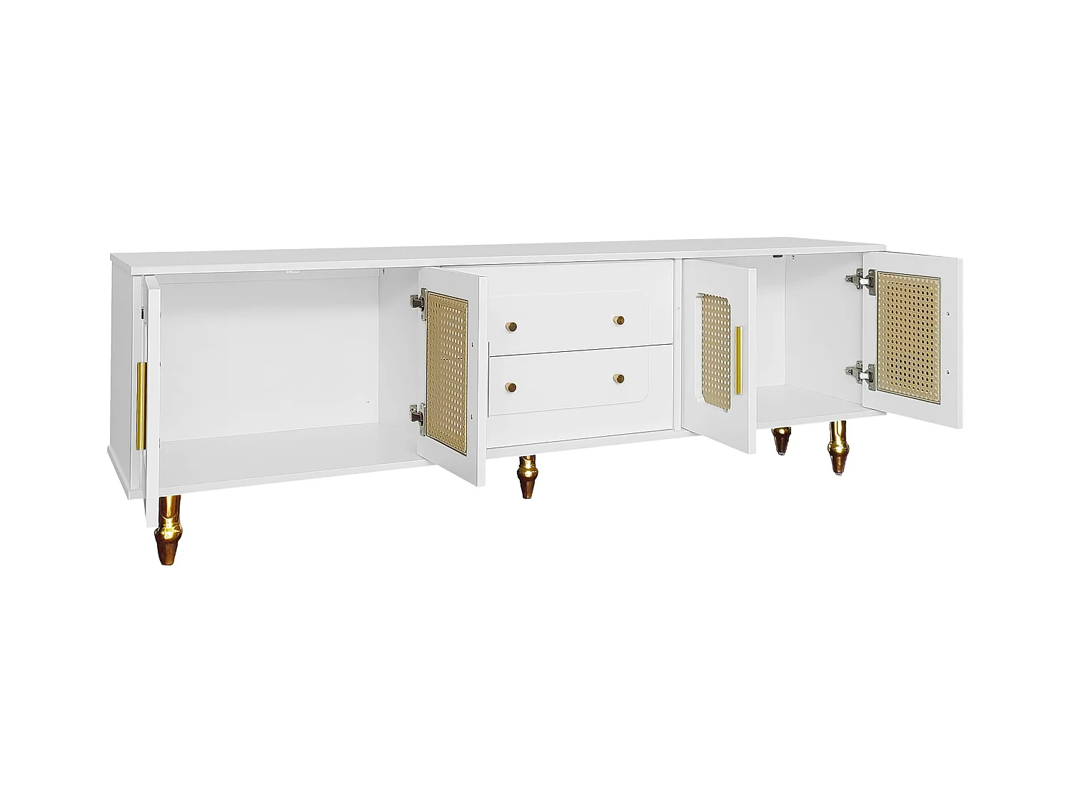 Meuble TV blanc avec 4 portes en rotin et 2 tiroirs,  pieds en métal doré - pour salon et bureau