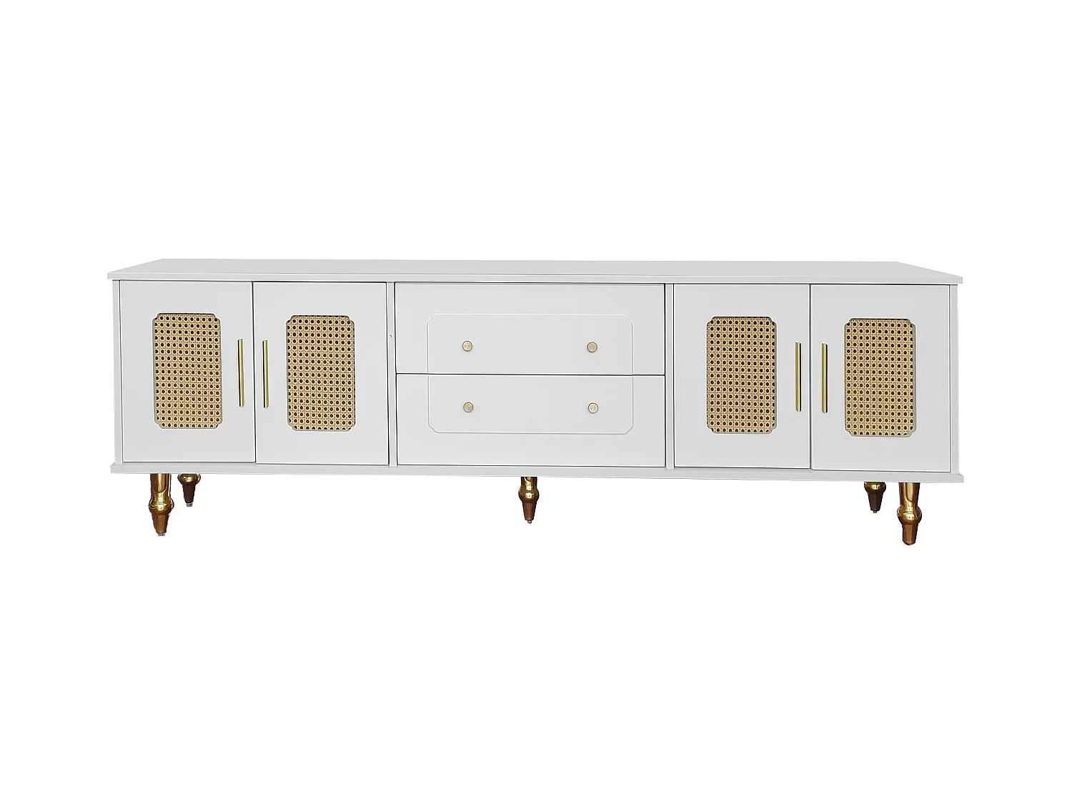 Meuble TV blanc avec 4 portes en rotin et 2 tiroirs,  pieds en métal doré - pour salon et bureau