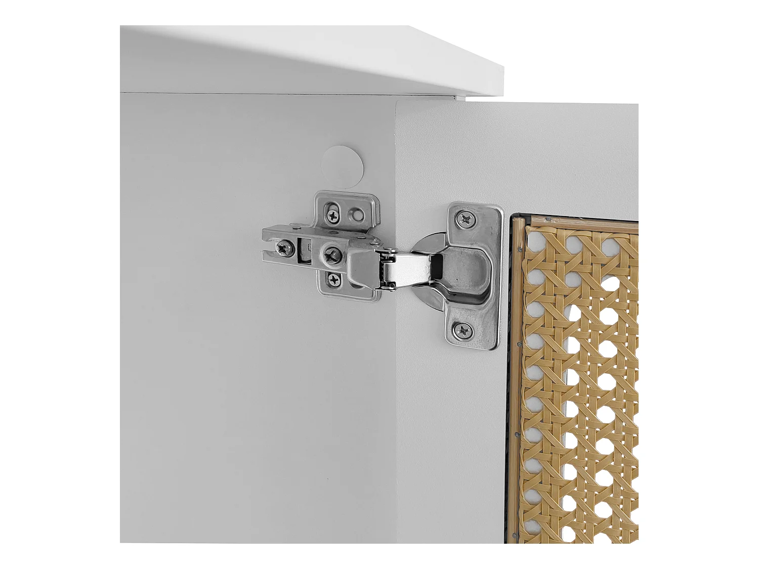 Meuble TV blanc avec 4 portes en rotin et 2 tiroirs,  pieds en métal doré - pour salon et bureau