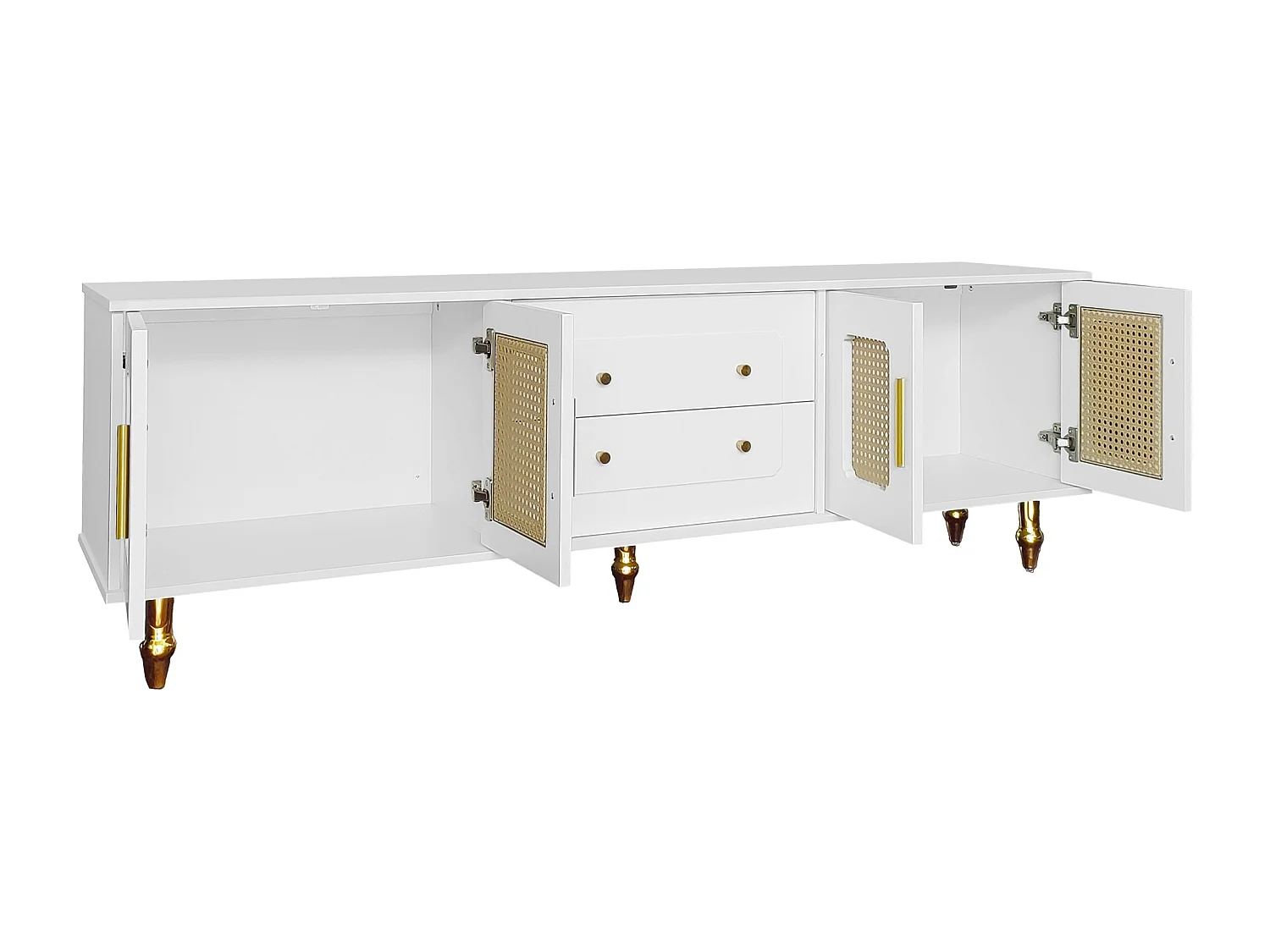 Meuble TV blanc avec 4 portes en rotin et 2 tiroirs,  pieds en métal doré - pour salon et bureau