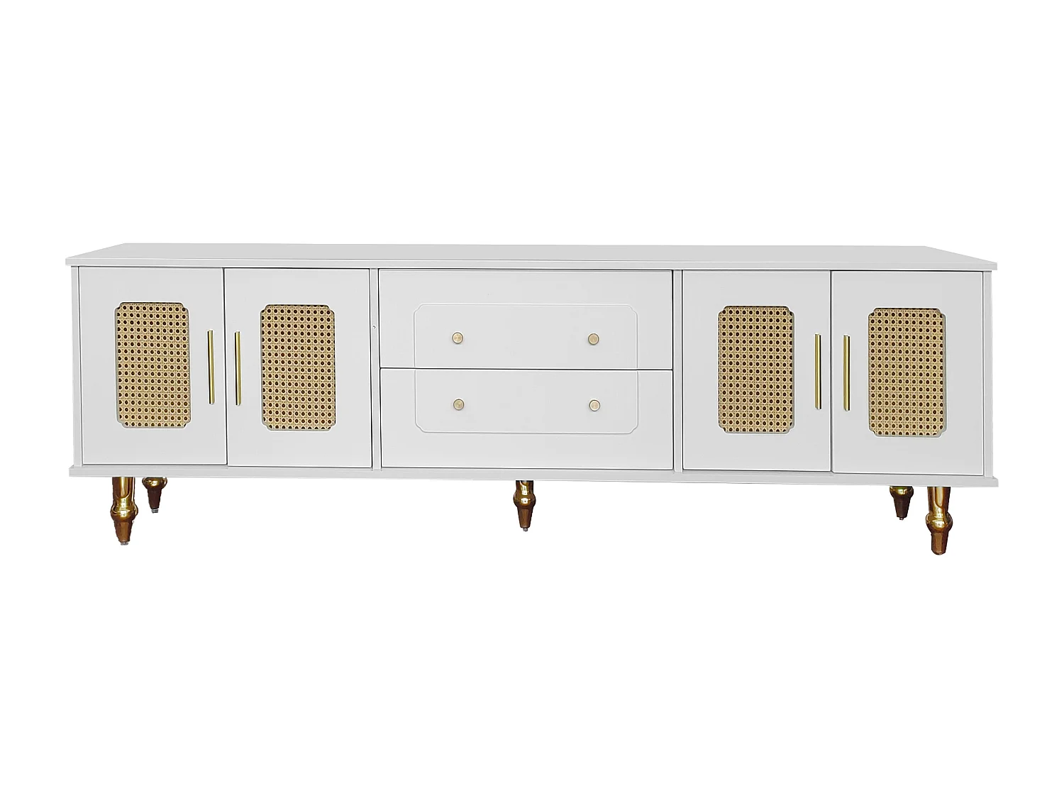 Meuble TV blanc avec 4 portes en rotin et 2 tiroirs,  pieds en métal doré - pour salon et bureau