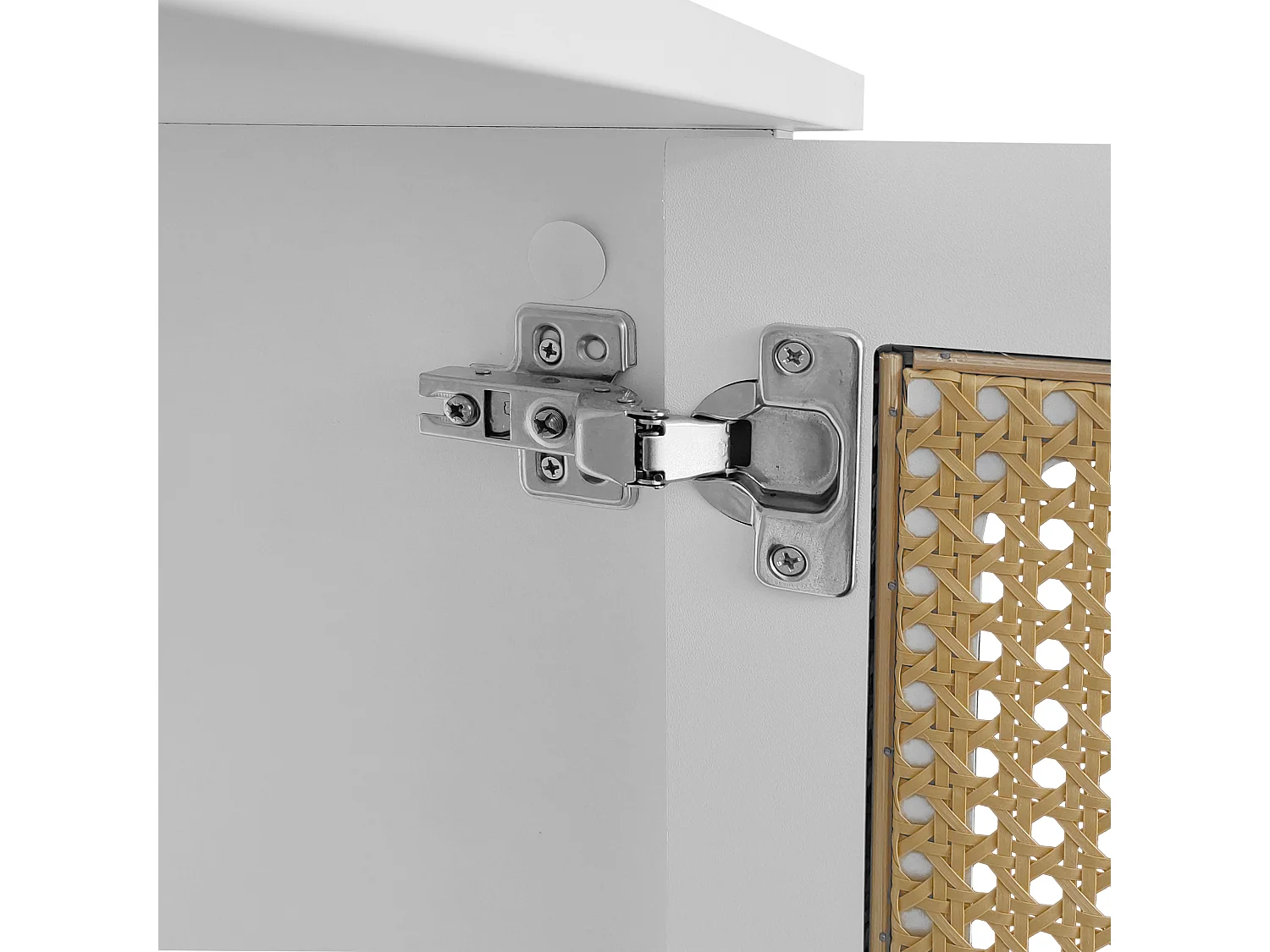 Meuble TV blanc avec 4 portes en rotin et 2 tiroirs,  pieds en métal doré - pour salon et bureau