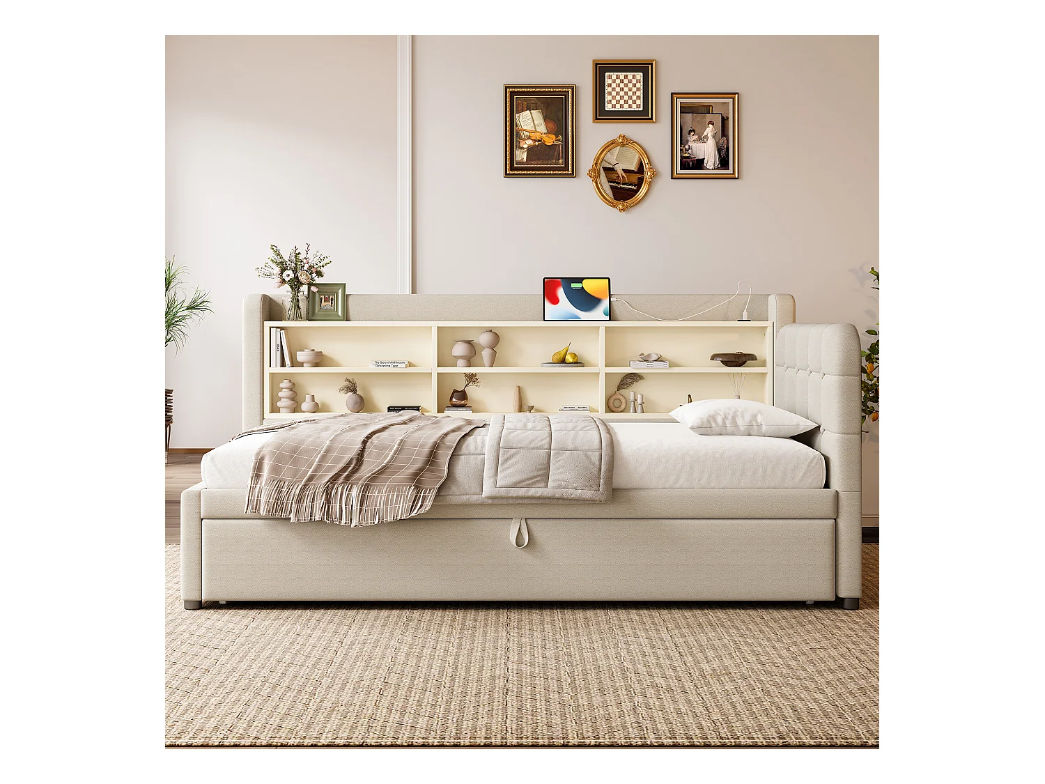 Lit banquette 90/180x200 cm, lin beige, lit gigogne avec compartiment de rangement et port USB - sans matelas