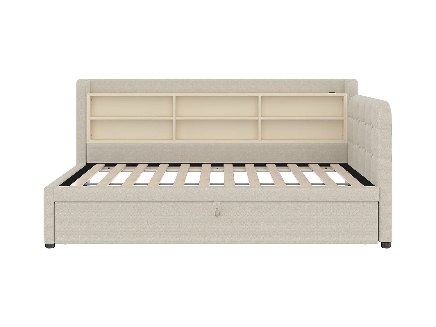 Lit banquette 90/180x200 cm, lin beige, lit gigogne avec compartiment de rangement et port USB - sans matelas