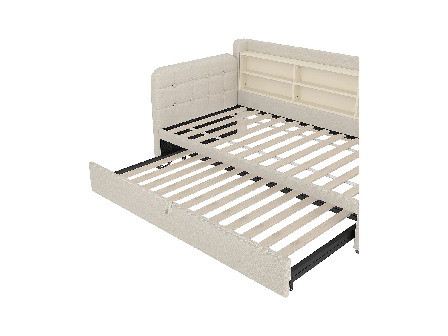 Lit banquette 90/180x200 cm, lin beige, lit gigogne avec compartiment de rangement et port USB - sans matelas