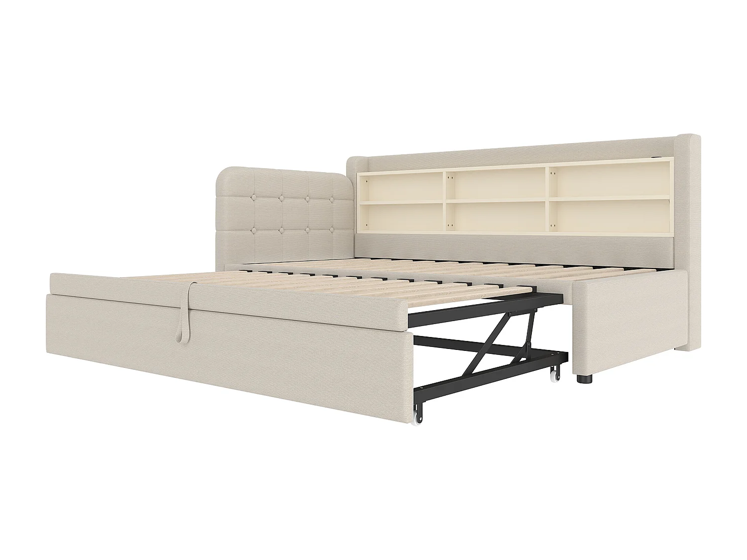 Lit banquette 90/180x200 cm, lin beige, lit gigogne avec compartiment de rangement et port USB - sans matelas