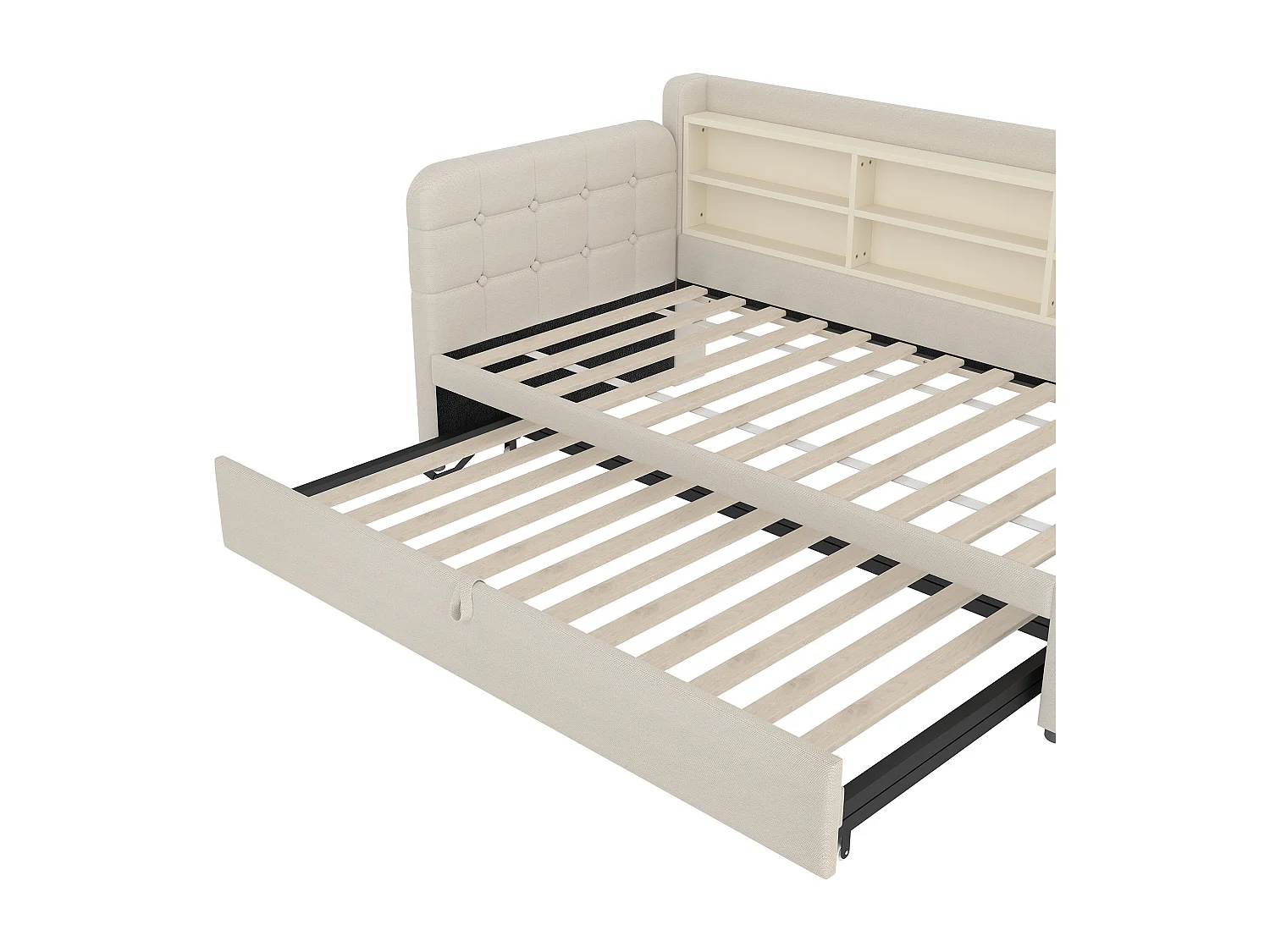 Lit banquette 90/180x200 cm, lin beige, lit gigogne avec compartiment de rangement et port USB - sans matelas