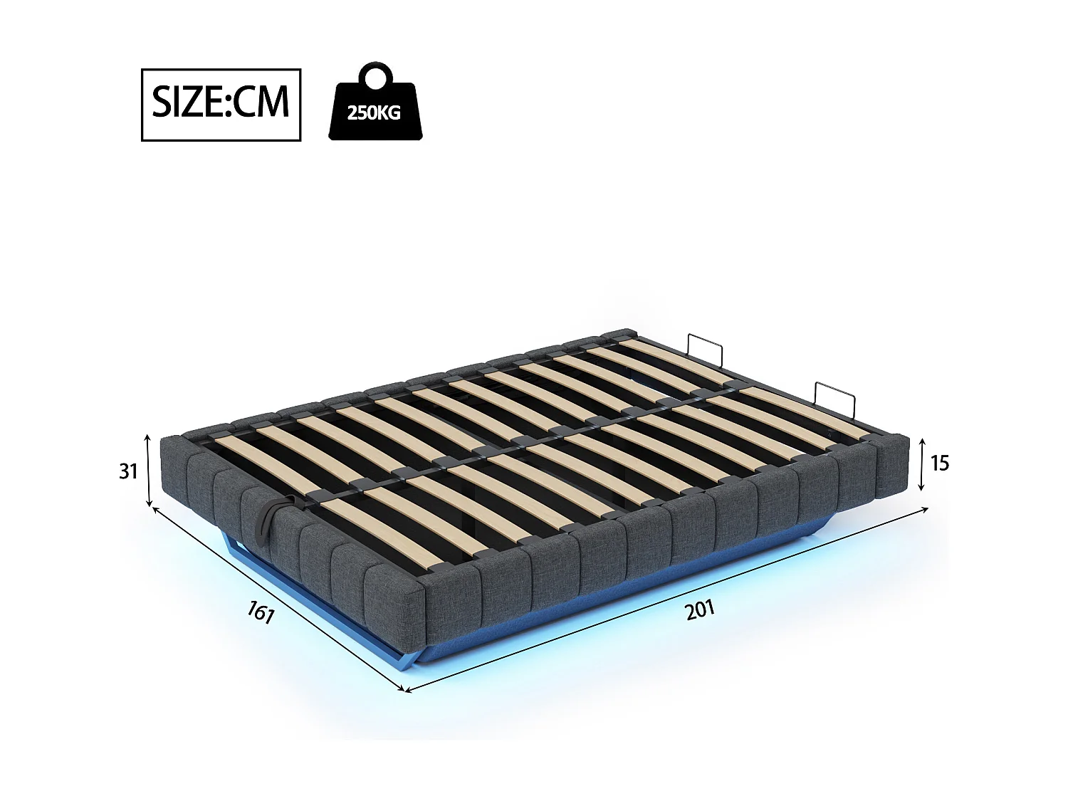 Lit coffre adulte 160x200 cm avec éclairage LED réglable, gris lin - sans matelas (sans tête de lit)