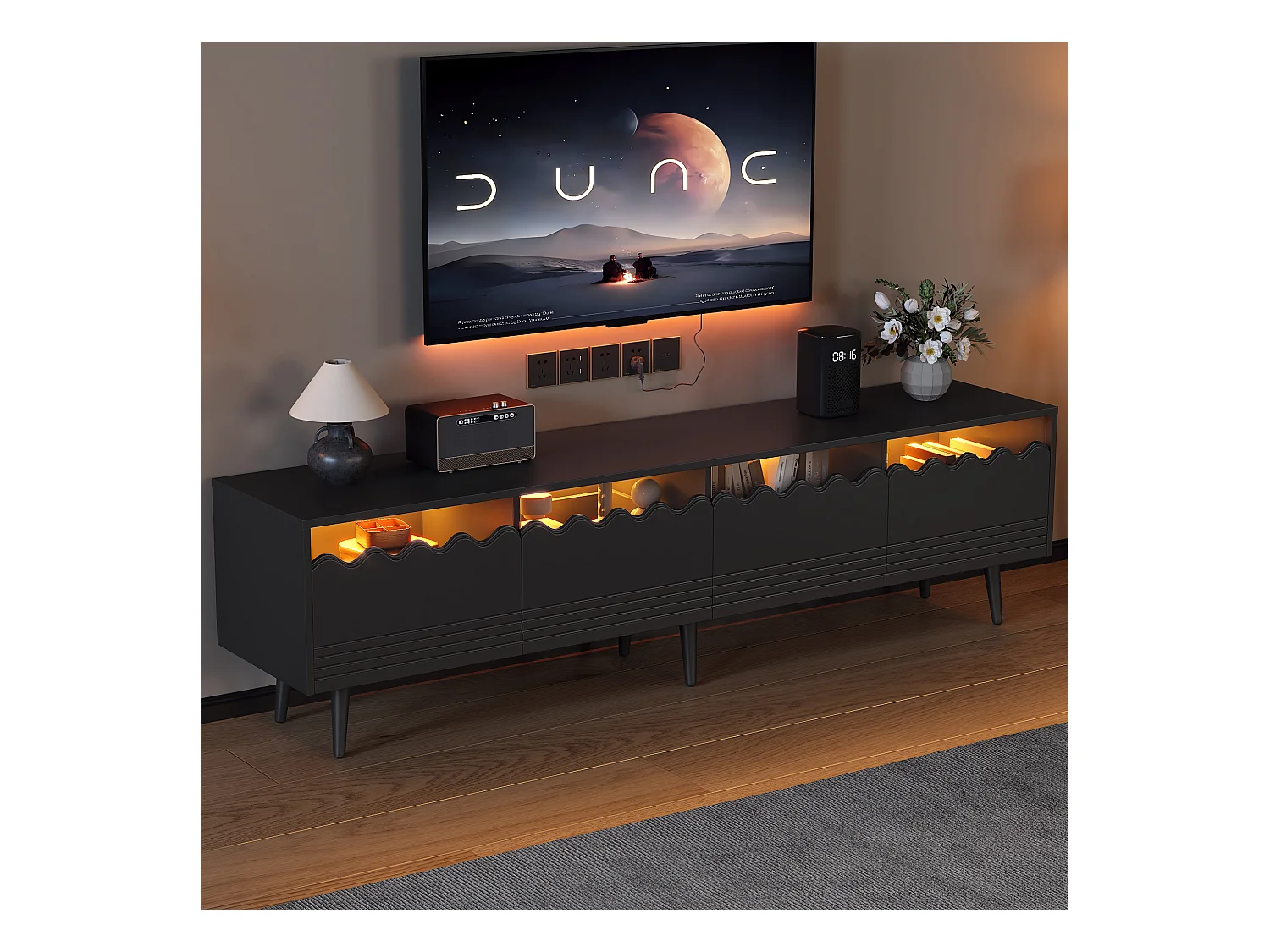 Meuble TV noir avec éclairage LED, 2 tiroirs et 2 portes, pour salon et chambre