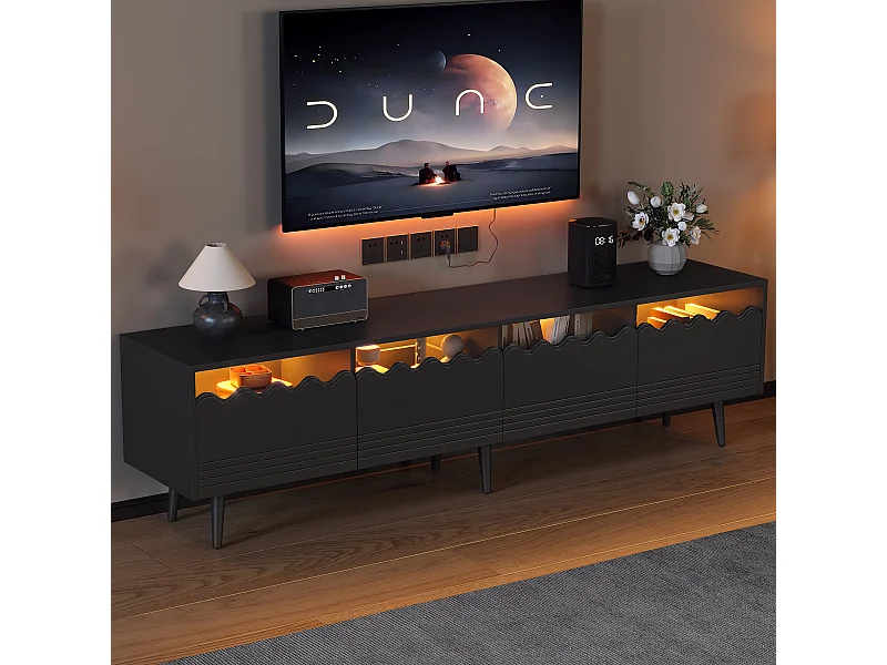 Zwarte tv-meubel van 176 cm met ledverlichting, 2 lades en 2 deuren, voor woonkamer en slaapkamer