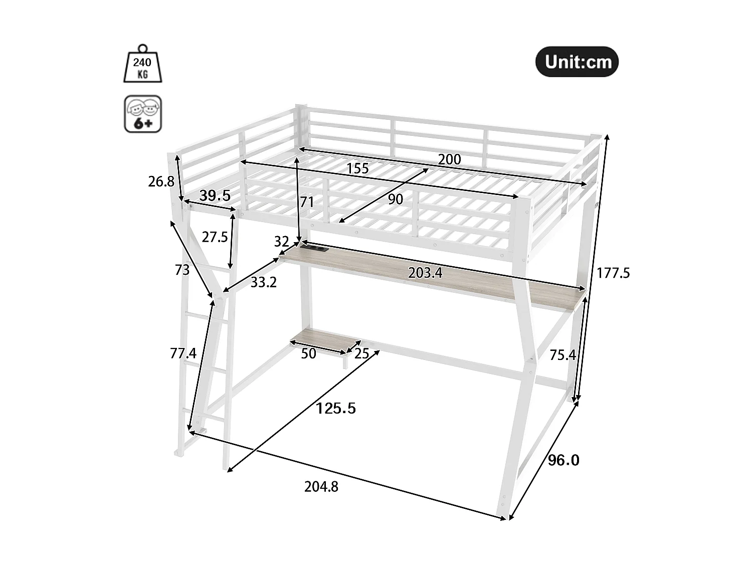 Lit mezzanine 90x200 cm, blanc, lit ado avec éclairage LED et USB, bureau - sans matelas