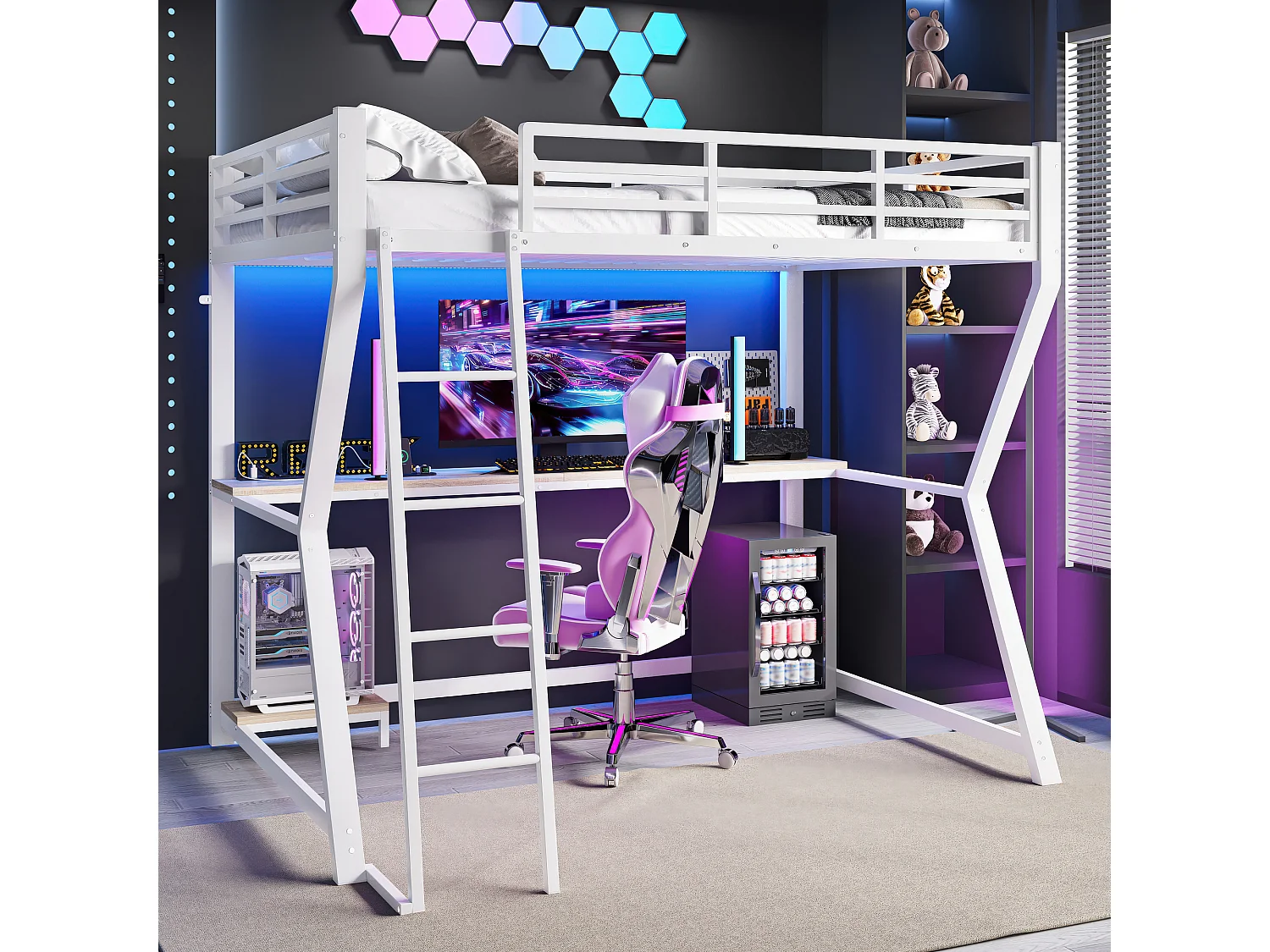 Hochbett 90 x 200 cm, weiß, Jugendbett mit LED-Licht und USB, Schreibtisch – ohne Matratze