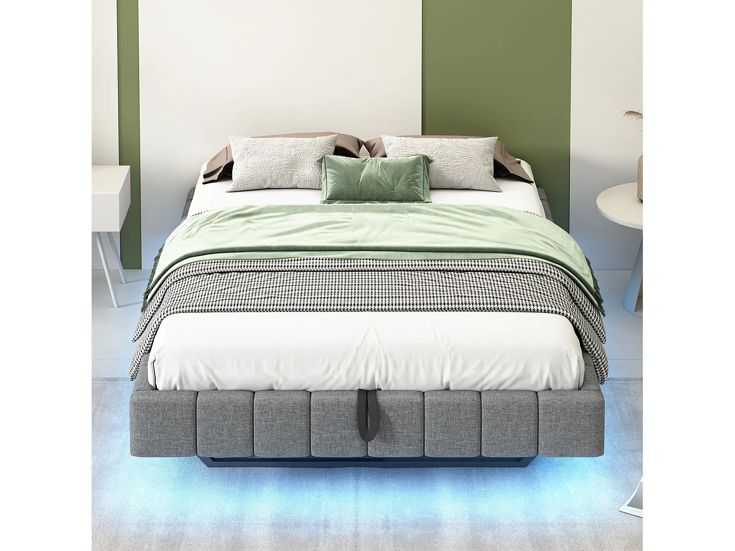 Lit coffre 140x200 cm, lin gris, lit adulte avec éclairage LED - sans matelas (sans tête de lit)