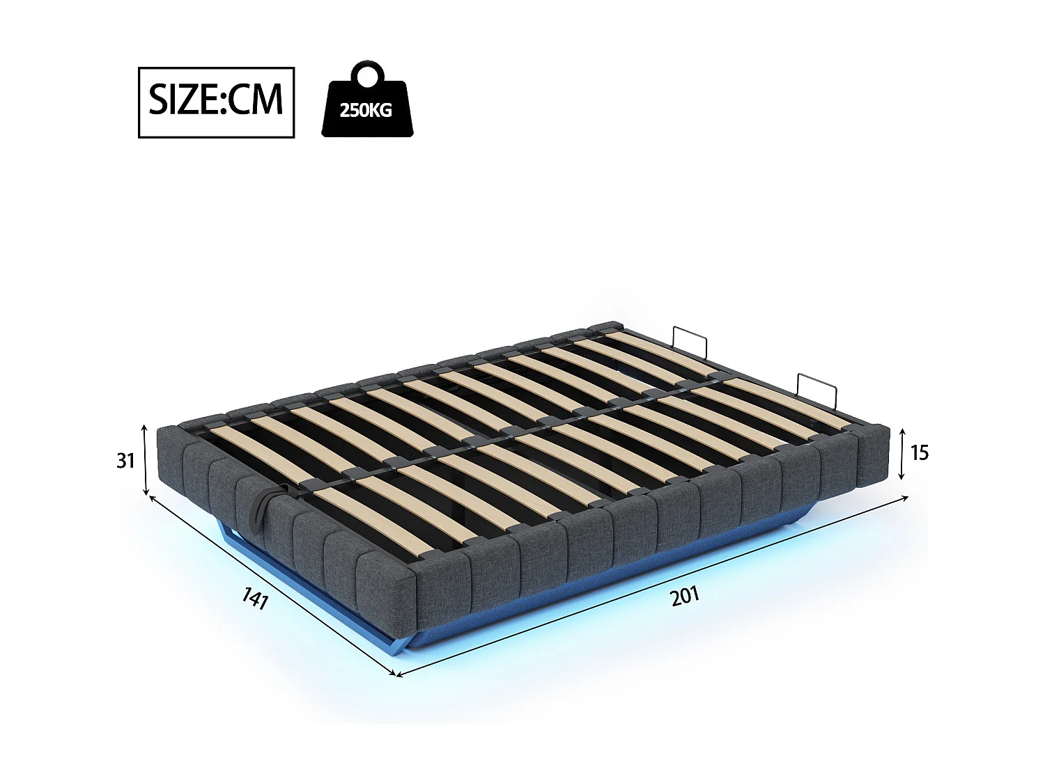 Lit coffre 140x200 cm, lin gris, lit adulte avec éclairage LED - sans matelas (sans tête de lit)