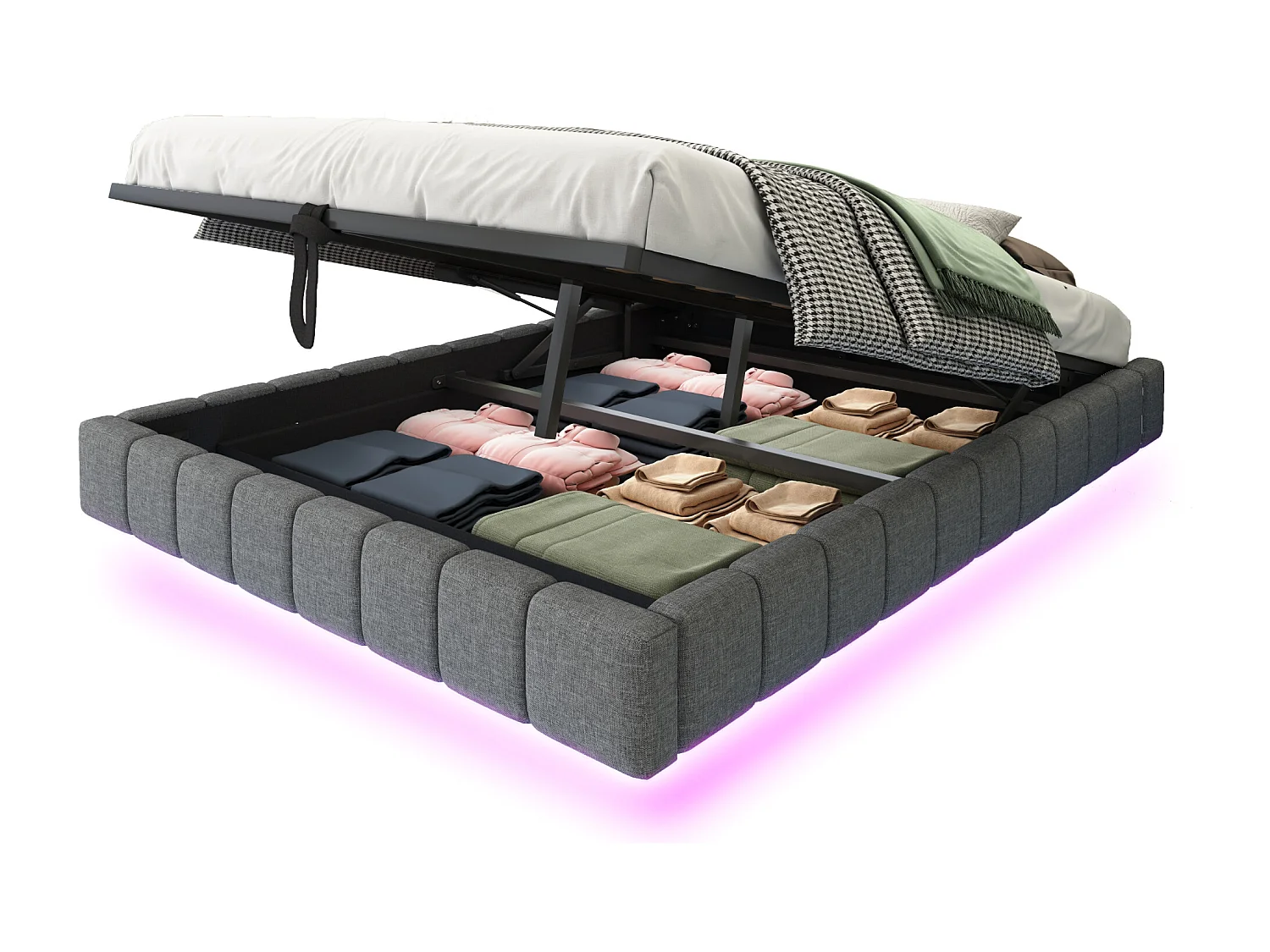 Lit coffre 140x200 cm, lin gris, lit adulte avec éclairage LED - sans matelas (sans tête de lit)