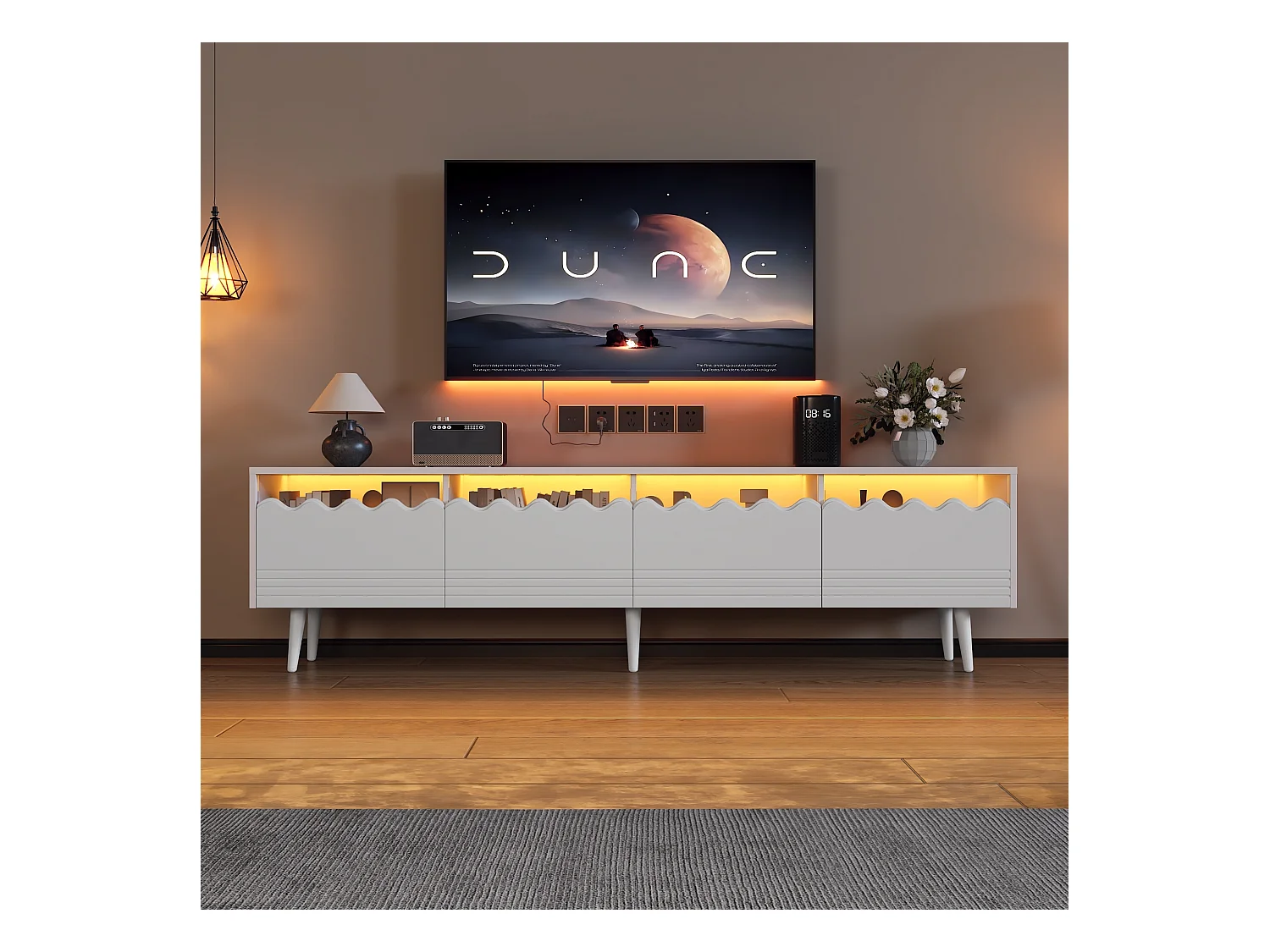 Meuble TV blanc avec éclairage LED, 2 tiroirs et 2 portes, pour salon et chambre