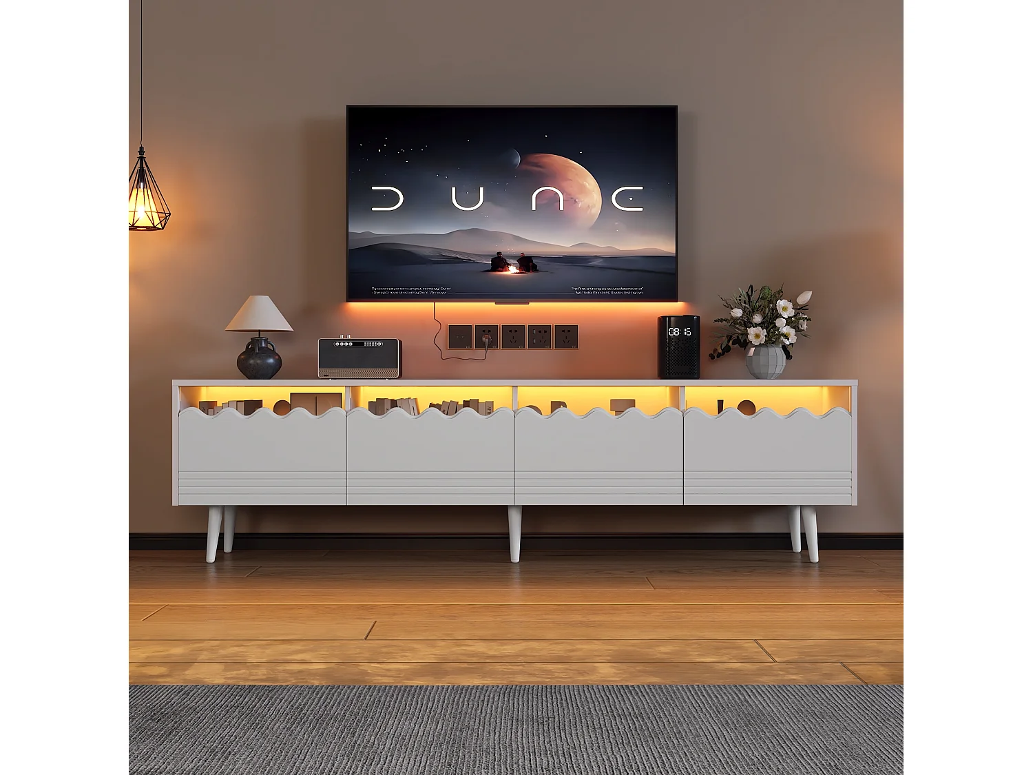 Mueble de TV blanco de 176 cm con iluminación LED, 2 cajones y 2 puertas, para salón y dormitorio
