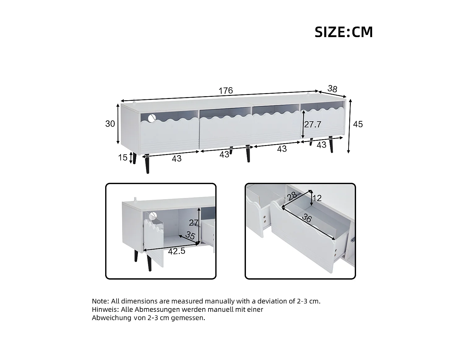 Mueble de TV blanco de 176 cm con iluminación LED, 2 cajones y 2 puertas, para salón y dormitorio