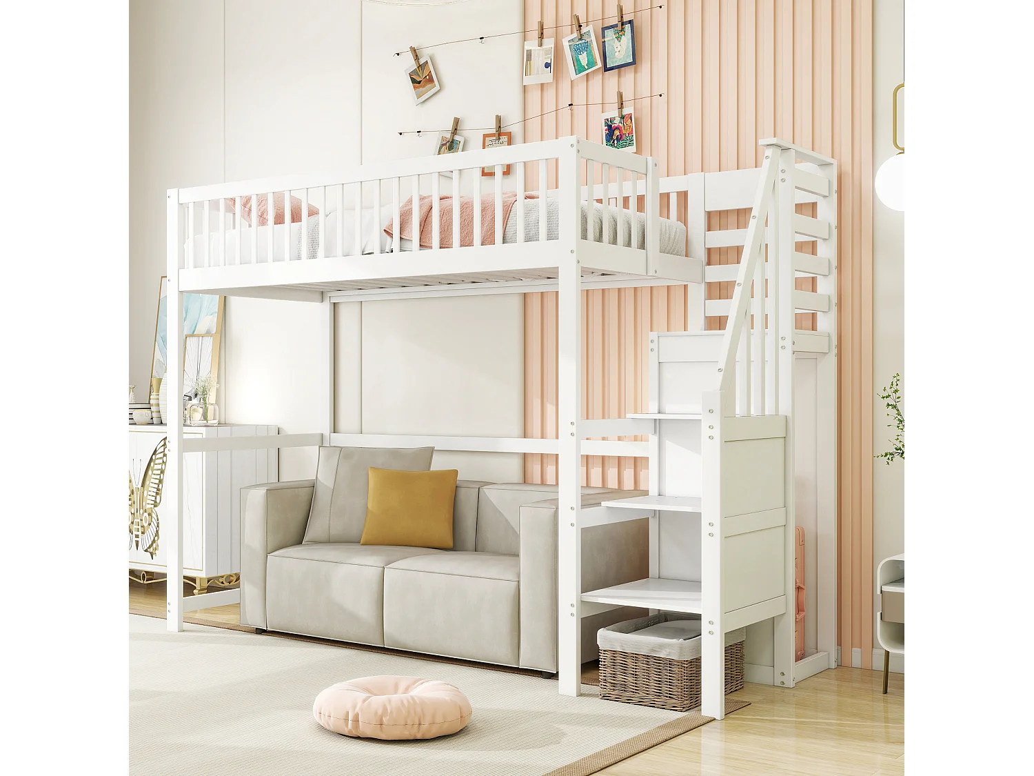 Lit mezzanine 90x200 cm avec barrières et escalier, armoire, blanc - sans matelas