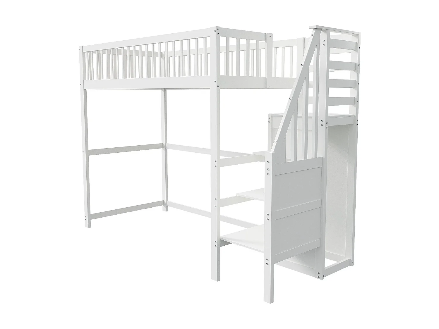 Lit mezzanine 90x200 cm avec barrières et escalier, armoire, blanc - sans matelas