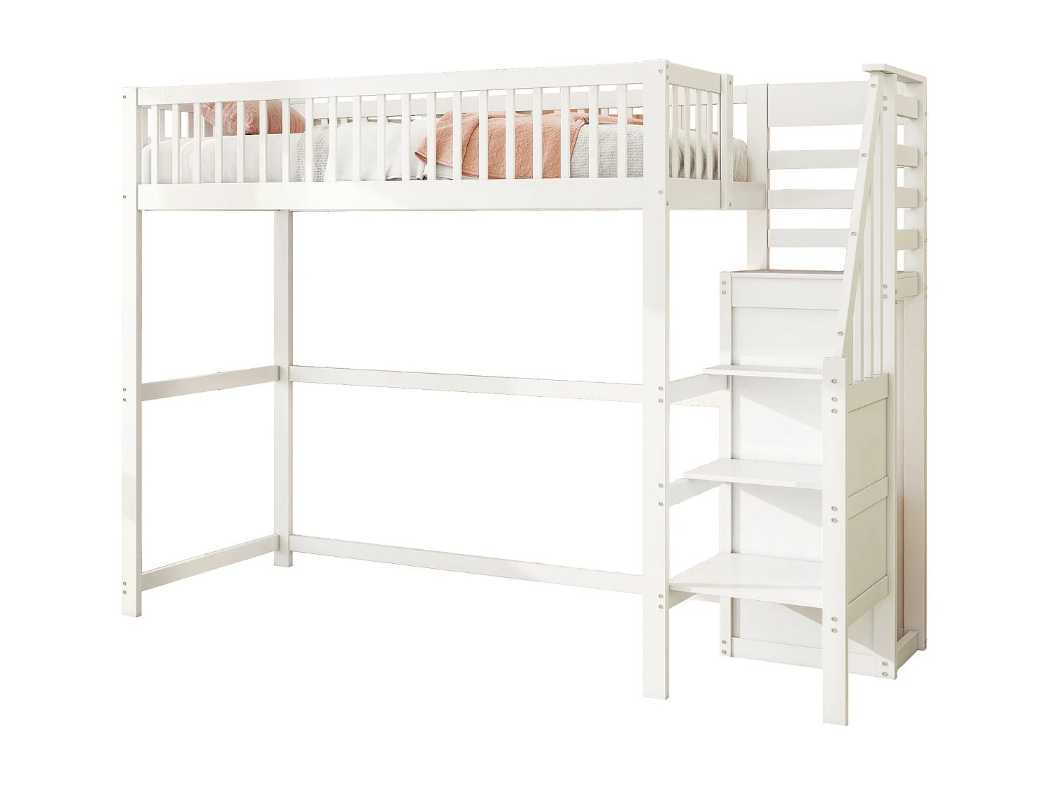 Lit mezzanine 90x200 cm avec barrières et escalier, armoire, blanc - sans matelas