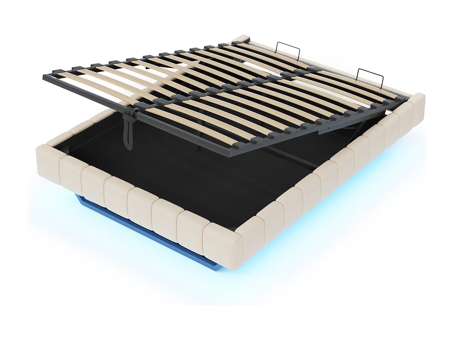 Lit coffre adulte 160x200 cm avec éclairage LED réglable, beige lin - sans matelas (sans tête de lit)