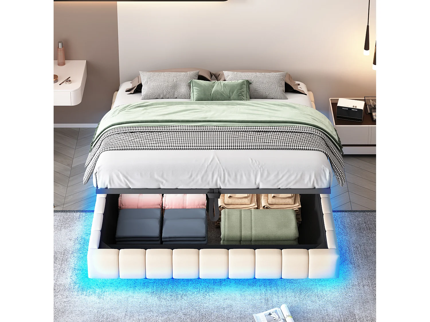 Lit coffre adulte 160x200 cm avec éclairage LED réglable, beige lin - sans matelas (sans tête de lit)