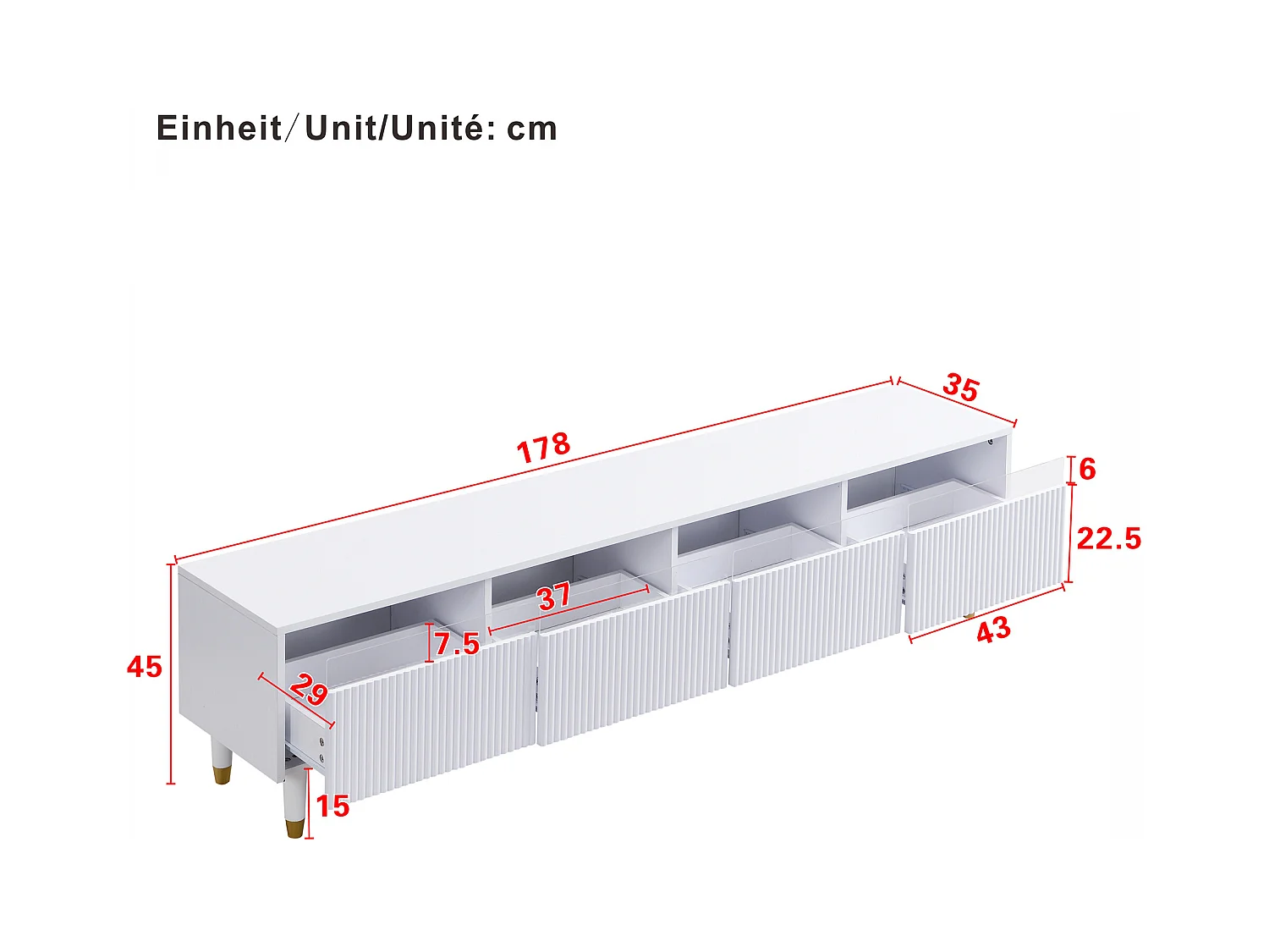 Meuble TV blanc avec éclairage LED et et 4 tiroirs de rangement - pour salon et bureau