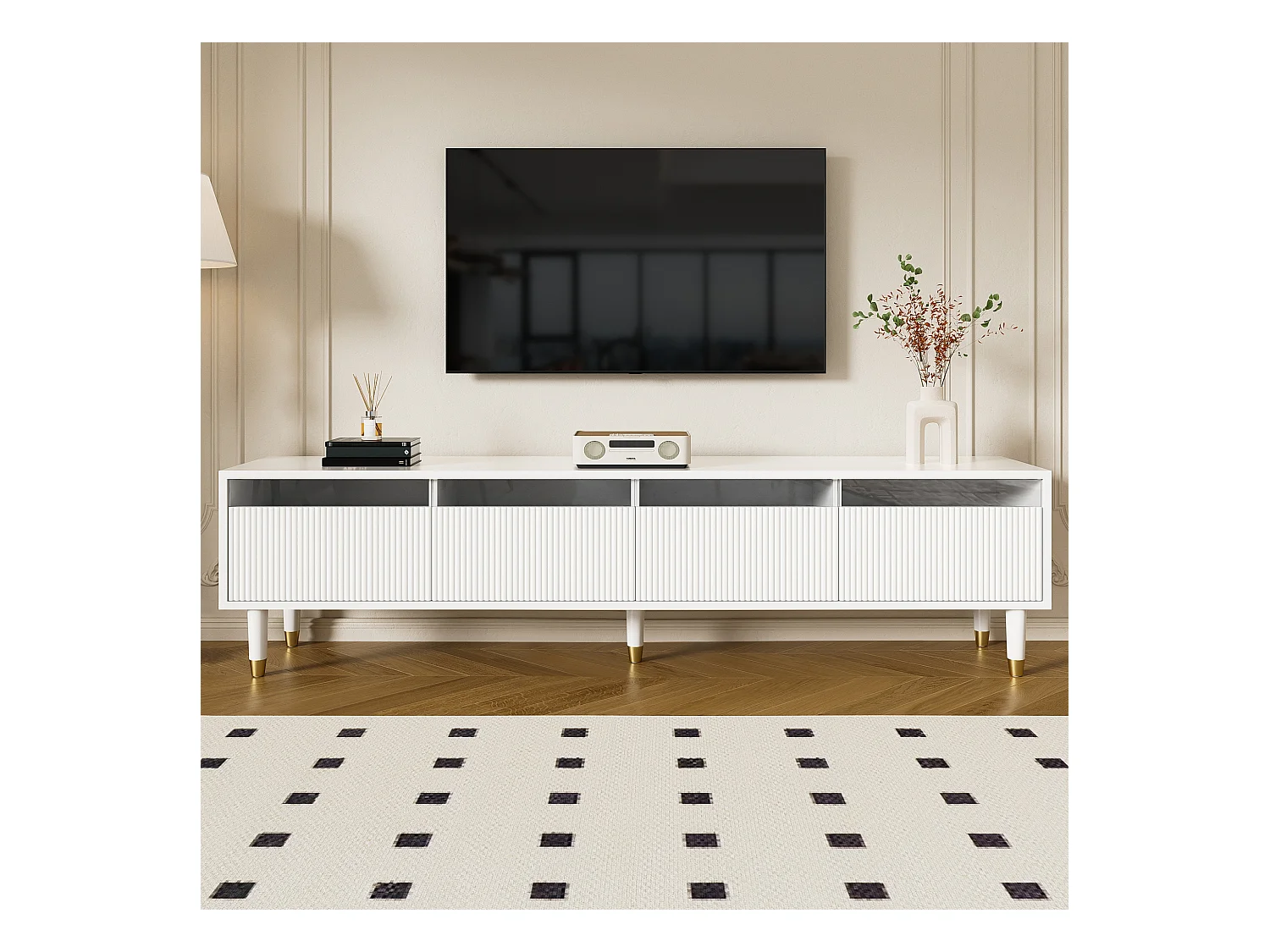 Mobile TV bianco da 178 cm con illuminazione a LED e 4 cassetti portaoggetti - per soggiorno e ufficio