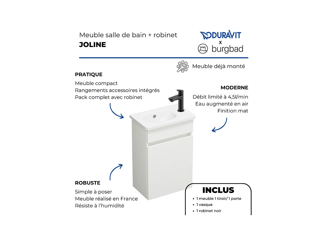 Pack meuble suspendu lave-mains BURGBAD Joline blanc mat + Robinet lave-mains eau froide Duravit Wave noir mat