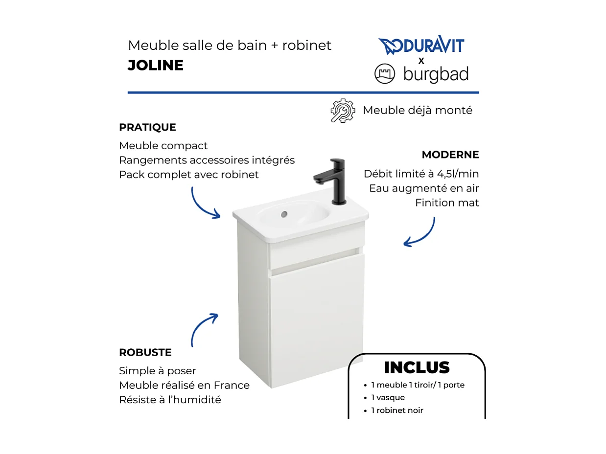 Pack meuble suspendu lave-mains BURGBAD Joline blanc mat + Robinet lave-mains eau froide Duravit Wave noir mat