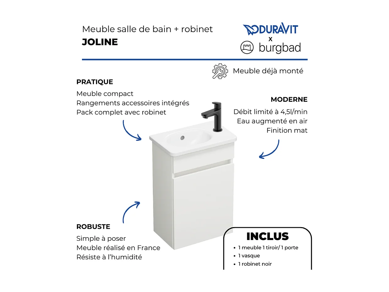 Pack meuble suspendu lave-mains BURGBAD Joline blanc mat + Robinet lave-mains eau froide Duravit Wave noir mat