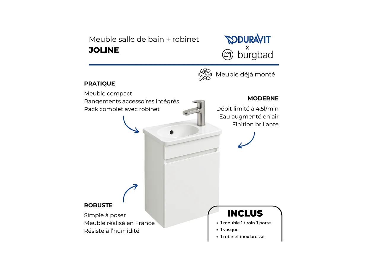 Pack meuble suspendu lave-mains BURGBAD Joline blanc mat + Robinet lave-mains eau froide Duravit Wave Inox brossé