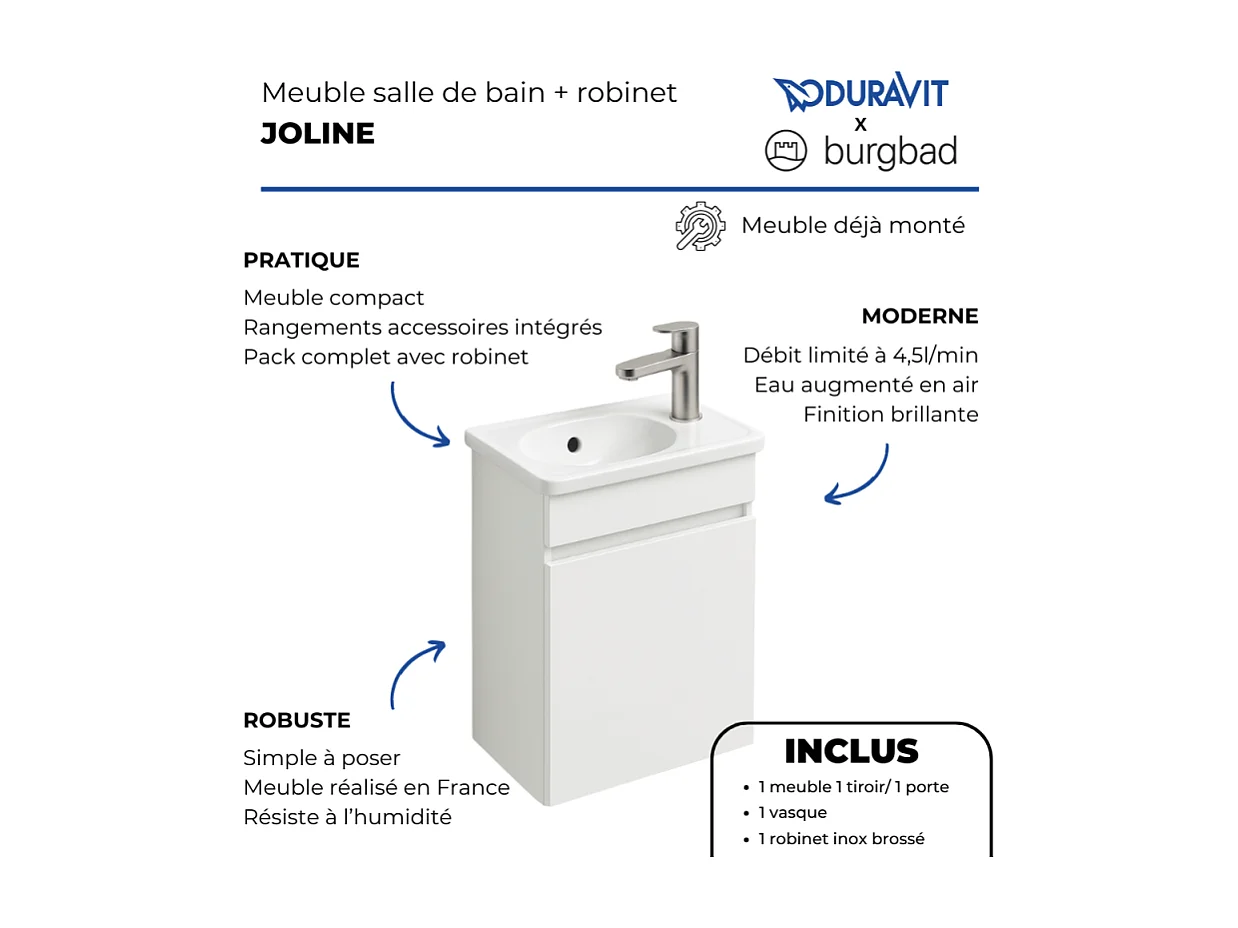 Pack meuble suspendu lave-mains BURGBAD Joline blanc mat + Robinet lave-mains eau froide Duravit Wave Inox brossé