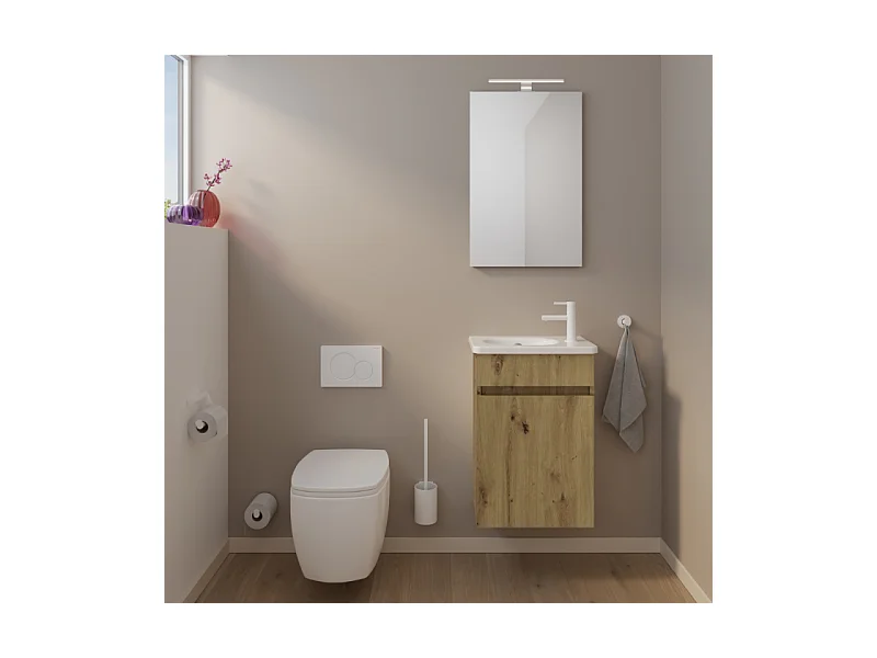 Pack meuble suspendu lave-mains BURGBAD Joline chêne + Robinet lave-mains eau froide Duravit Wave Doré poli