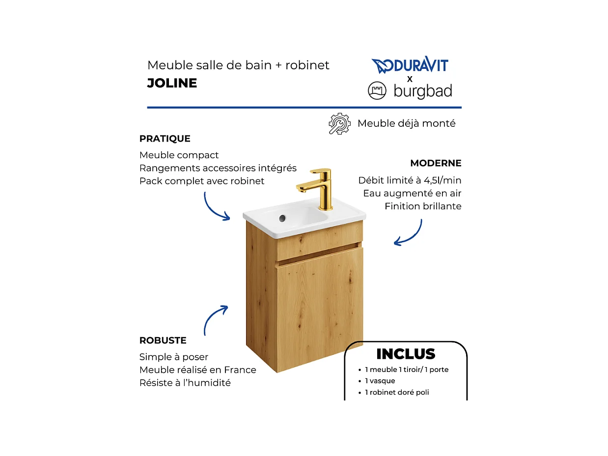 Pack meuble suspendu lave-mains BURGBAD Joline chêne + Robinet lave-mains eau froide Duravit Wave Doré poli