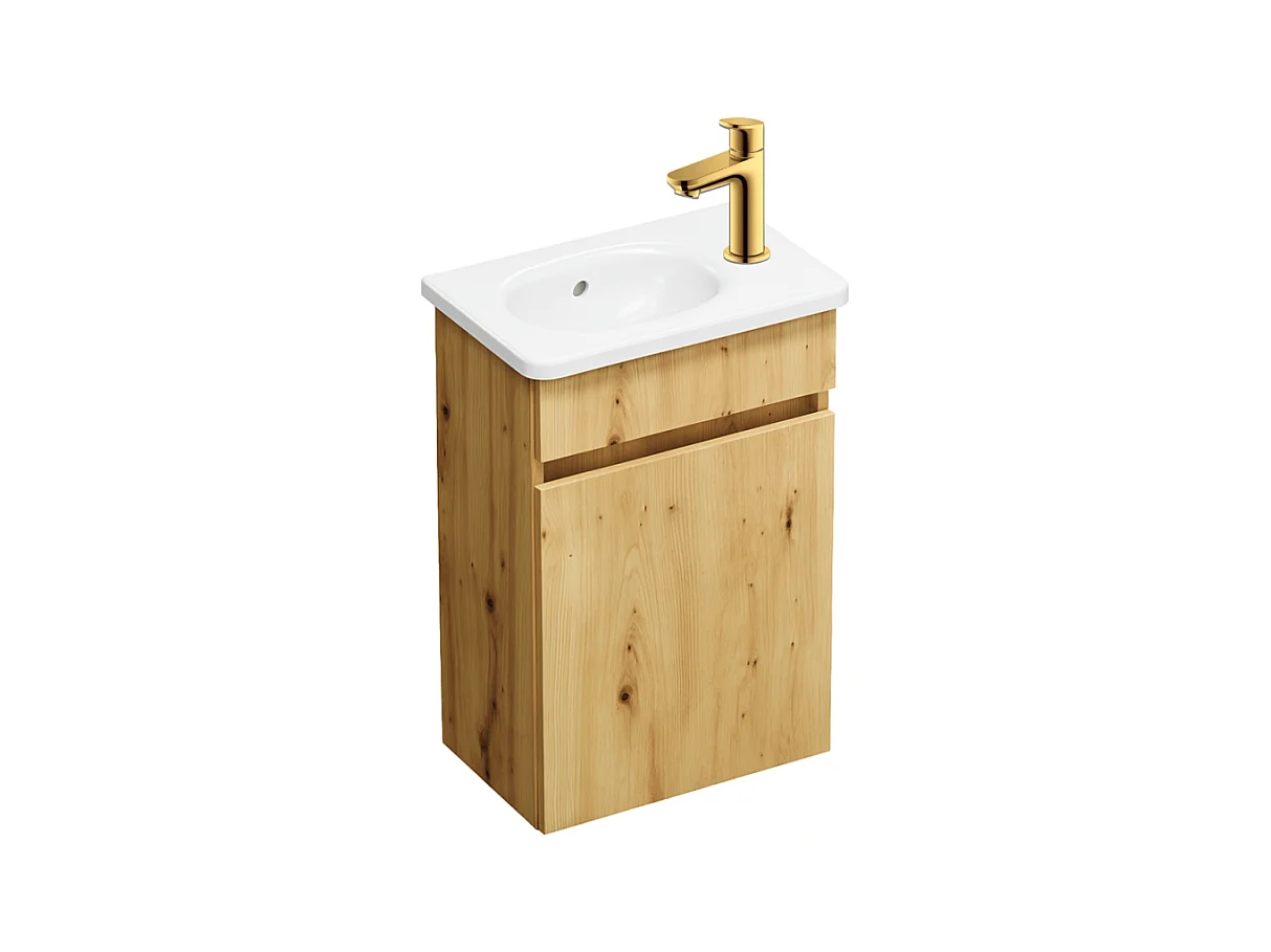 Pack meuble suspendu lave-mains BURGBAD Joline chêne + Robinet lave-mains eau froide Duravit Wave Doré poli