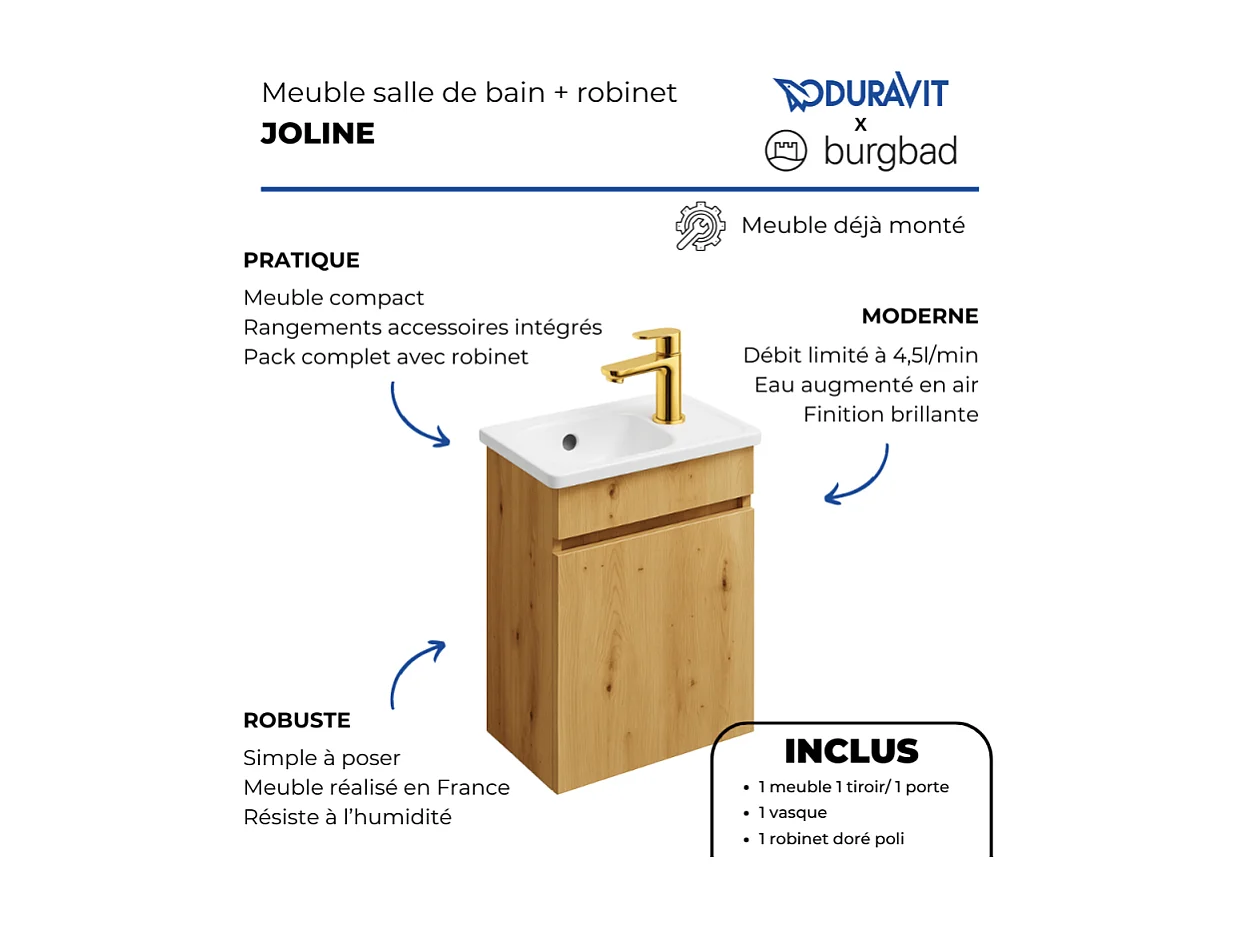 Pack meuble suspendu lave-mains BURGBAD Joline chêne + Robinet lave-mains eau froide Duravit Wave Doré poli