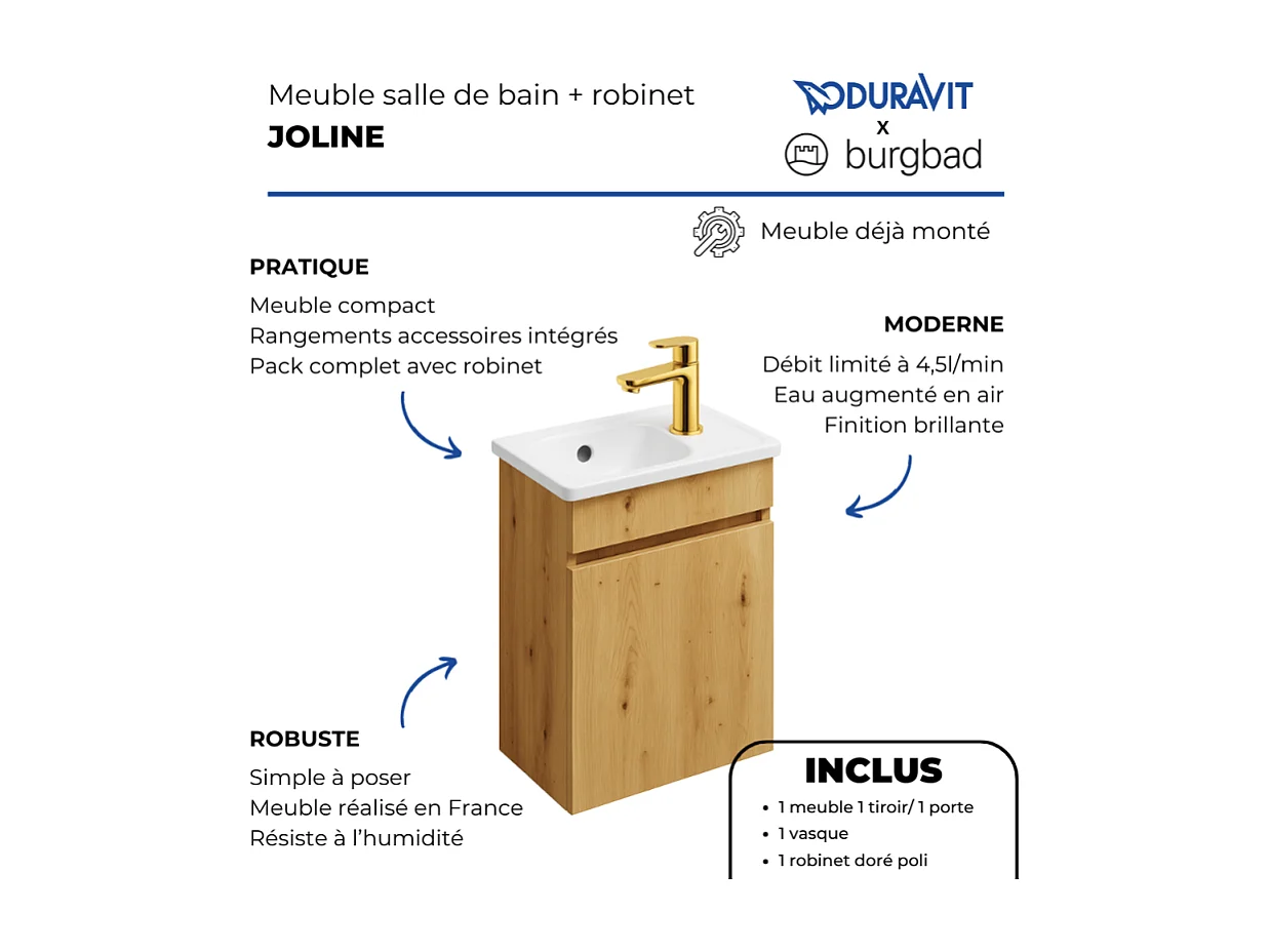 Pack meuble suspendu lave-mains BURGBAD Joline chêne + Robinet lave-mains eau froide Duravit Wave Doré poli