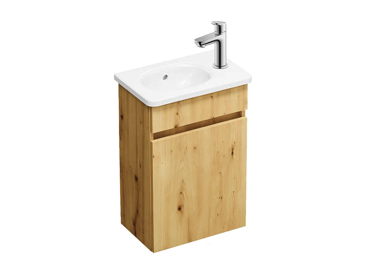 Pack meuble suspendu lave-mains BURGBAD Joline chêne + Robinet lave-mains eau froide Duravit Wave Chromé brillant