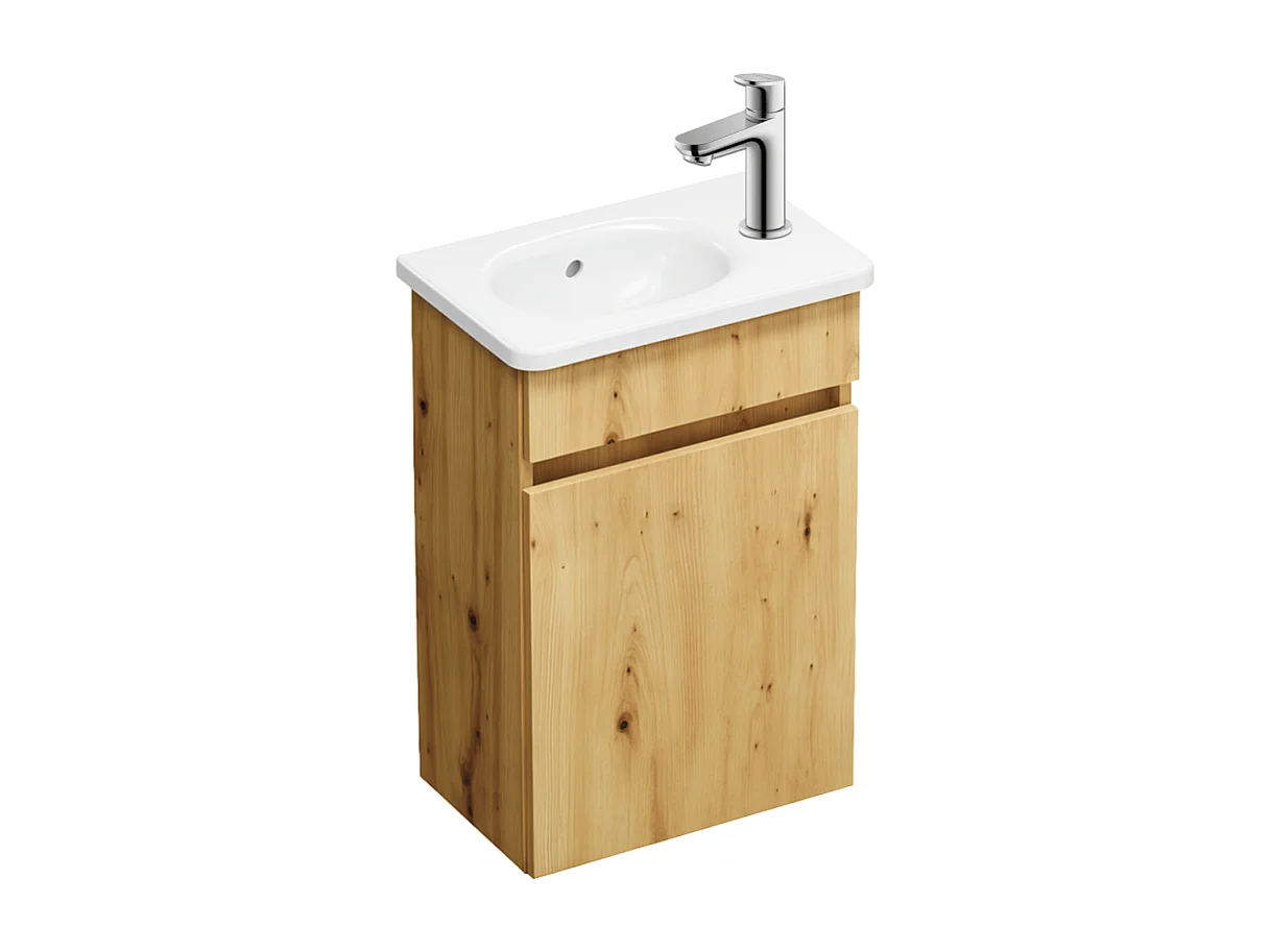 Pack meuble suspendu lave-mains BURGBAD Joline chêne + Robinet lave-mains eau froide Duravit Wave Chromé brillant