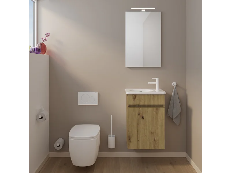 Pack meuble suspendu lave-mains BURGBAD Joline chêne + Robinet lave-mains eau froide Duravit Wave Chromé brillant