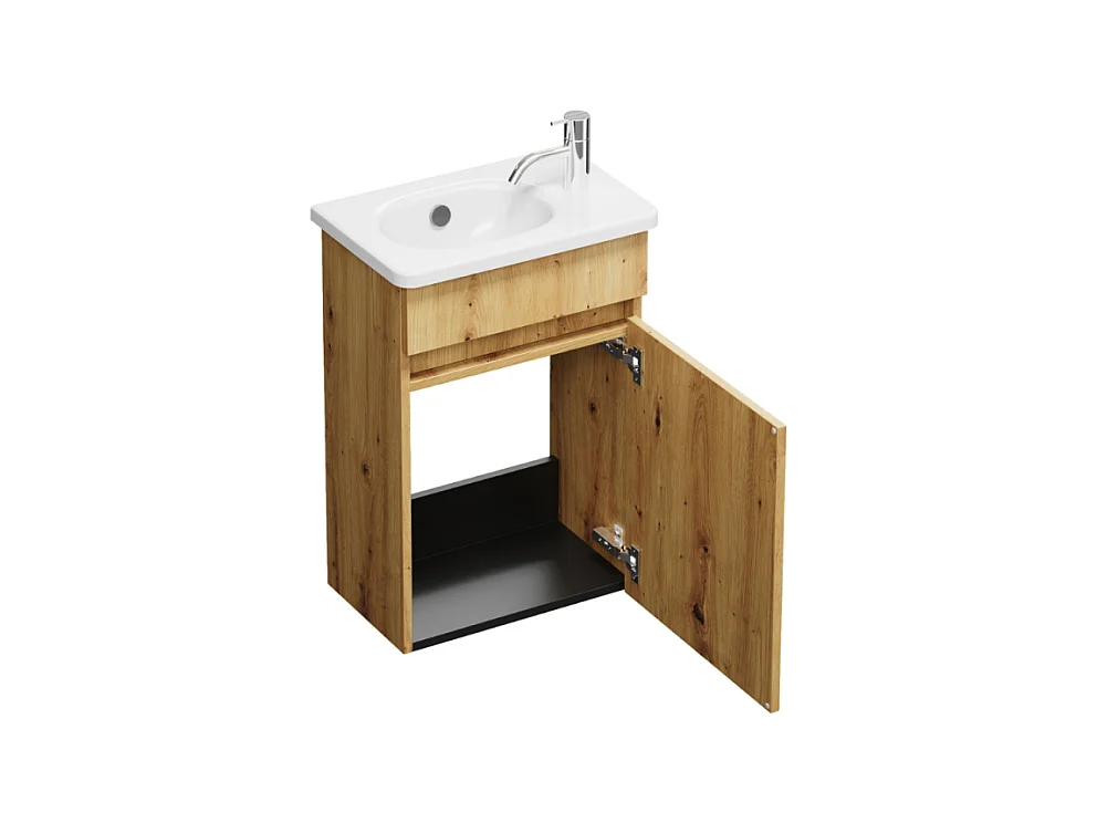 Pack meuble suspendu lave-mains BURGBAD Joline chêne + Robinet lave-mains eau froide Duravit Wave noir mat