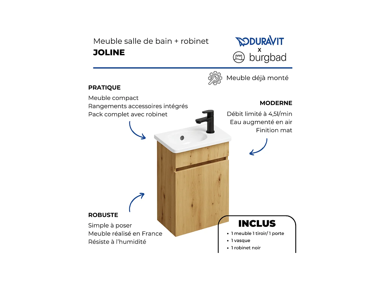 Pack meuble suspendu lave-mains BURGBAD Joline chêne + Robinet lave-mains eau froide Duravit Wave noir mat