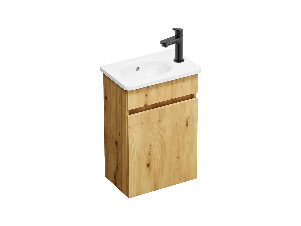 Pack meuble suspendu lave-mains BURGBAD Joline chêne + Robinet lave-mains eau froide Duravit Wave noir mat