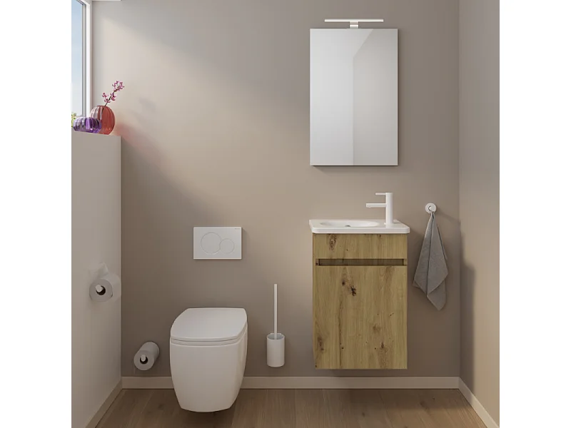 Pack meuble suspendu lave-mains BURGBAD Joline chêne + Robinet lave-mains eau froide Duravit Wave noir mat