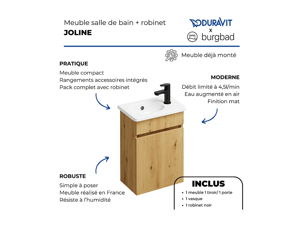 Pack meuble suspendu lave-mains BURGBAD Joline chêne + Robinet lave-mains eau froide Duravit Wave noir mat